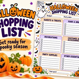 May include: A Halloween shopping list printable featuring categories for sweets, food, decorations, costumes, and party supplies. The design includes illustrations of ghosts, jack-o'-lanterns, bats, and spiders with the text Halloween Shopping List.