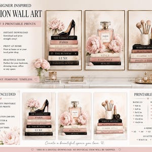 An informational listing image displaying the set of three fashion prints framed on a wall above a desk, along with text detailing printable sizes and instructions.