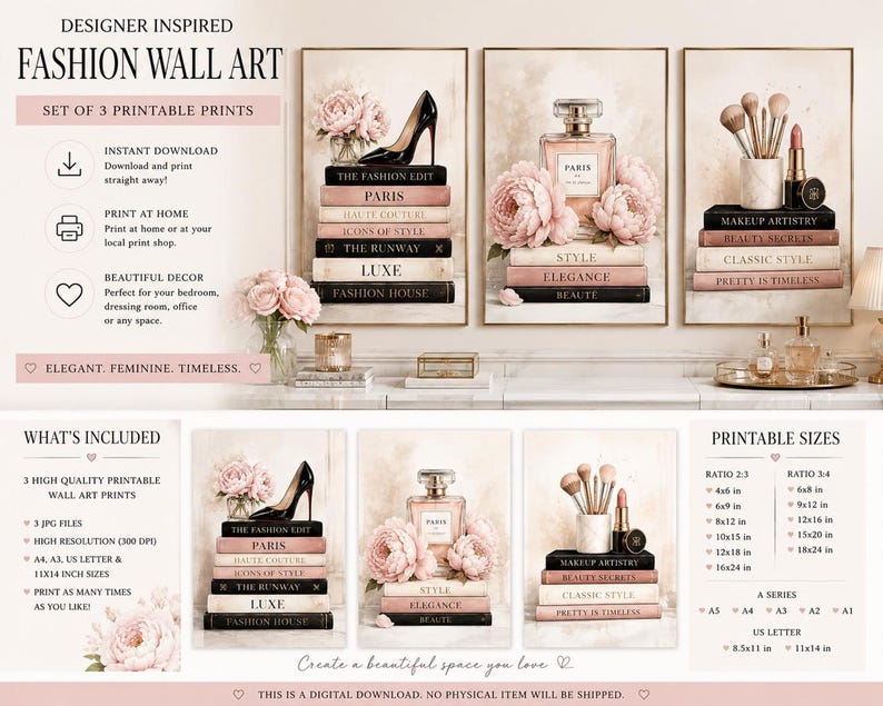 An informational listing image displaying the set of three fashion prints framed on a wall above a desk, along with text detailing printable sizes and instructions.