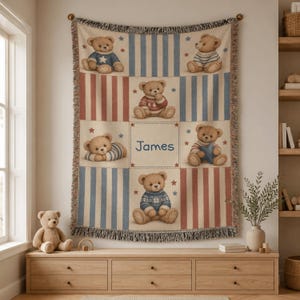 Personalized Teddy Bear Baby Blanket, Custom Name Woven Throw, Vintage Patchwork Boy Nursery Decor, Baby Shower and Christmas Gift
