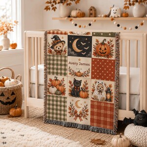 Koc w stylu vintage na Halloween, spersonalizowany pleciony pled z imieniem dziecka, uroczy miś-duch w kształcie misia, spersonalizowany prezent na pamiątkę z dyni