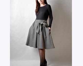 Grey Gray Midi Skirt, Tweed Skirt, Wool Skirt with Pockets and Ties