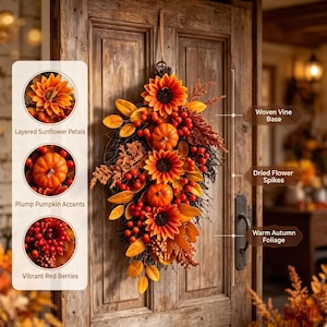 May include: A teardrop-shaped autumn door swag featuring a woven vine base, layered sunflower petals, plump orange pumpkin accents, vibrant red berries, dried flower spikes, and warm autumn foliage, displayed on a wooden door with text labels.