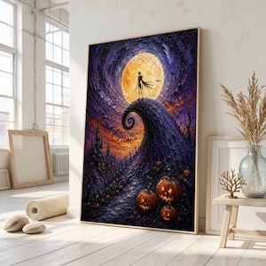 Halloween-nattens väggkonst, läskig pumpafält, fullmånesilhuett, gotisk slottsscen, mörk fantasi-canvas för hemmet
