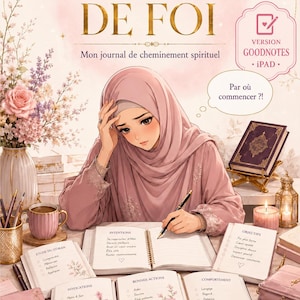 May include: A digital spiritual journal titled ETINCELLE DE FOI with a pink colour palette. The cover features an illustration of a person in a hijab writing in a notebook surrounded by flowers, a candle, a pen holder, and an open Quran on a stand.