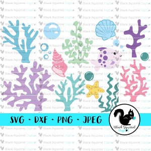 Onder de zee, zeewier, koraal, zeester, zeeschelpen, vis zeemeermin partij SVG, clipart, print en knip bestand, stencil, silhouet, dxf, png, jpg