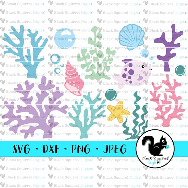 Under The Sea, Seaweed, Coral, Starfish, Sea Shells, Fish Mermaid Party SVG, Clipart, Print and Cut File, Stencil, Silhouette, dxf, png, jpg