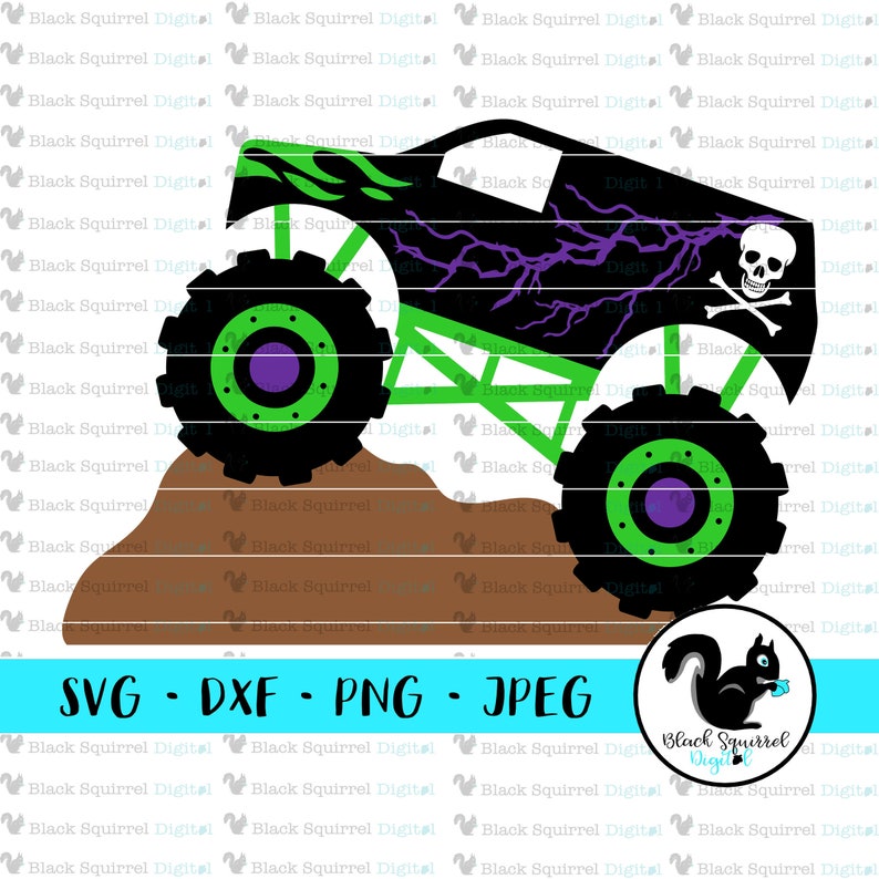 May include: A black and green monster truck illustration with a skull and crossbones, lightning bolts, and flames. The truck has large black tires with green and purple accents. The image includes the text "SVG - DXF - PNG - JPEG".