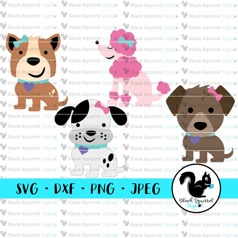 Pink Poodle Brown Labrador Print and Cut File dxf Puppies SVG jpg and Dalmatian Dog Bow Clipart png Silhouette Stencil Frenchie