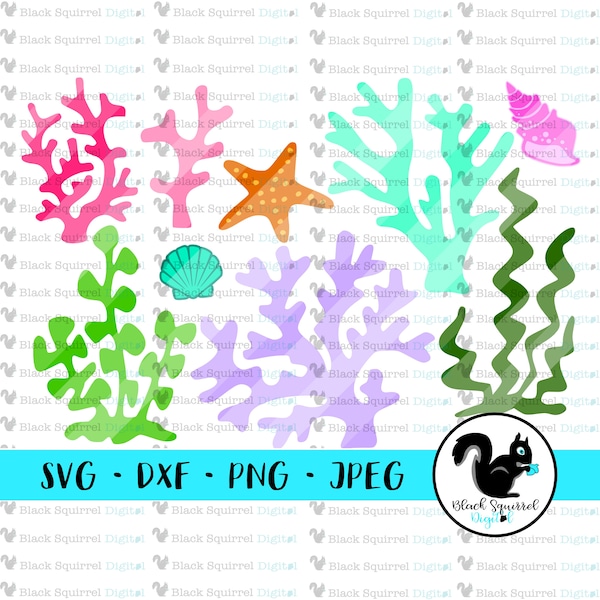 Under The Sea, Seaweed, Coral, Starfish, Sea Shells, Mermaid, Party SVG, Clipart, Print and Cut File, Stencil, Silhouette, dxf, png, jpg