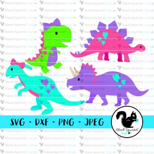 Girl Dinosaur SVG Bundle Pink T-Rex Steg Bront Bows and Dinos Birthday Party Clipart, Print and Cut File, Stencil, Silhouette, dxf, png, jpg