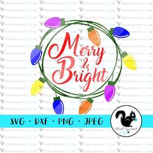 May include: A green wreath with colorful light bulbs and the text "Merry & Bright" in red. The wreath is on a white background.