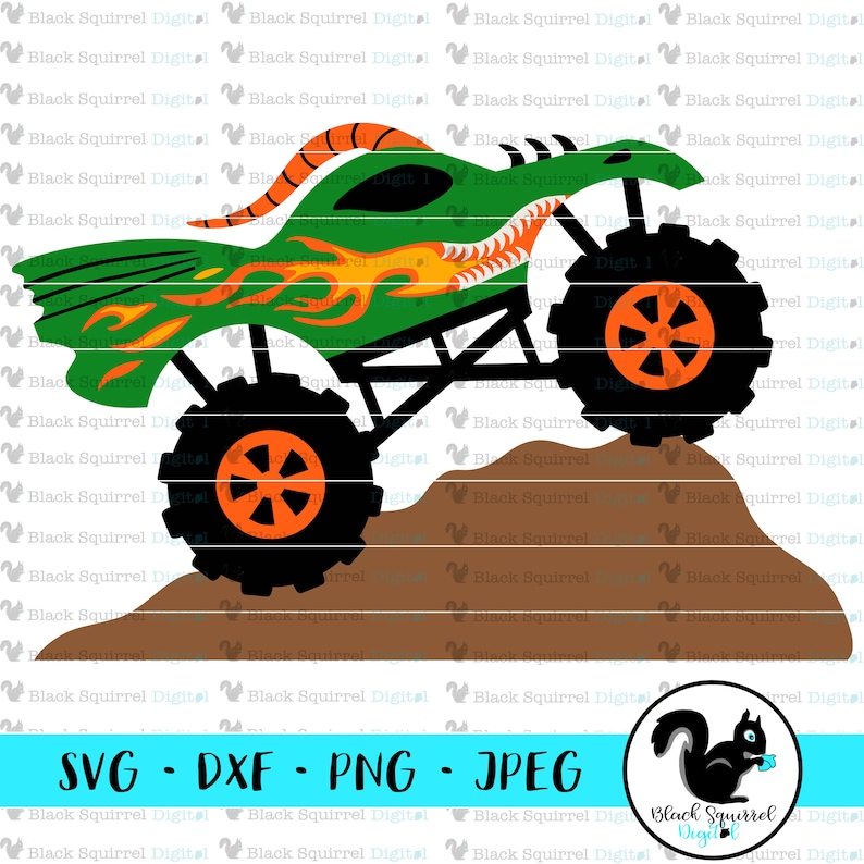 May include: Green monster truck illustration with orange flames and accents. The truck has large black tires with orange centers, and is climbing a brown hill. The image includes the text "SVG - DXF - PNG - JPEG".