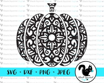 Pumpkin Mandala SVG, Fall Zentangle Clipart, Geo Halloween Decor, Thanksgiving Gourd with Flowers Print & Cut File, Stencil, dxf, png, jpg