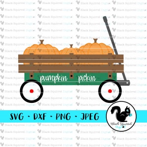 May include: A green wagon with a wooden bed filled with orange pumpkins. The wagon has black wheels and a handle. The text "pumpkin pickin'" is written on the side of the wagon.