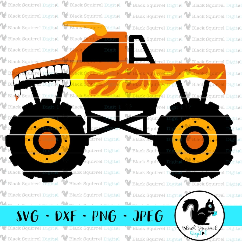 May include: Orange monster truck graphic with flame details and a toothy grin. The truck has large black wheels with orange centers. The image includes the text "SVG - DXF - PNG - JPEG" and a logo.
