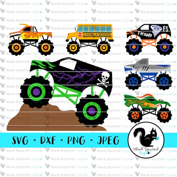 Monster Truck SVG, Big Truck, Motor Madness, Truck Jam, Big Monster Trucks Birthday Bundle Clipart, Print & Cut File, Stencil, dxf, png, jpg