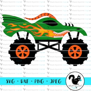 May include: A green monster truck design with orange and yellow flames and a dragon-like head. The truck has large black wheels with orange centers. The image includes the text "SVG - DXF - PNG - JPEG" and a logo of a black squirrel.