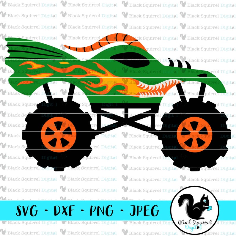 May include: A green monster truck design with orange and yellow flames and a dragon-like head. The truck has large black wheels with orange centers. The image includes the text "SVG - DXF - PNG - JPEG" and a logo of a black squirrel.