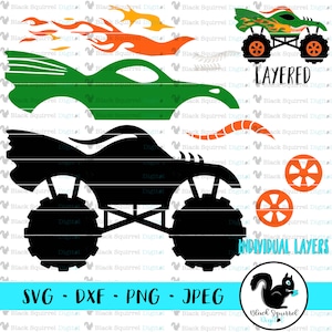 May include: A layered digital design featuring monster truck graphics in green, black, and orange. Includes SVG, DXF, PNG, and JPEG file formats. The design also includes the text "LAYERED" and "INDIVIDUAL LAYERS".