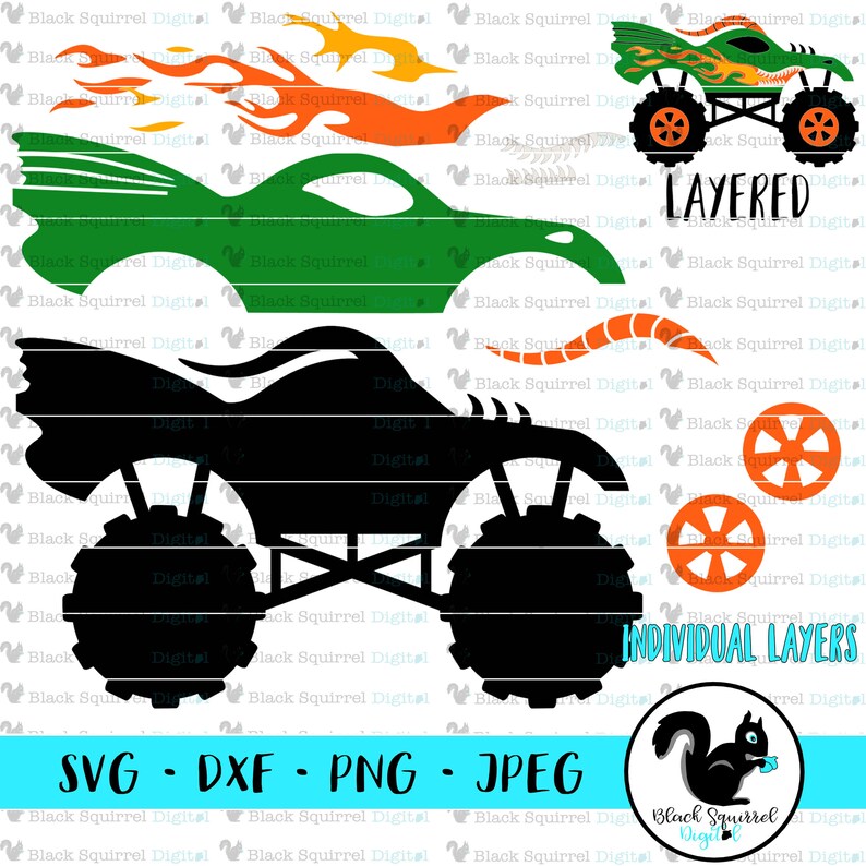 May include: A layered digital design featuring monster truck graphics in green, black, and orange. Includes SVG, DXF, PNG, and JPEG file formats. The design also includes the text "LAYERED" and "INDIVIDUAL LAYERS".