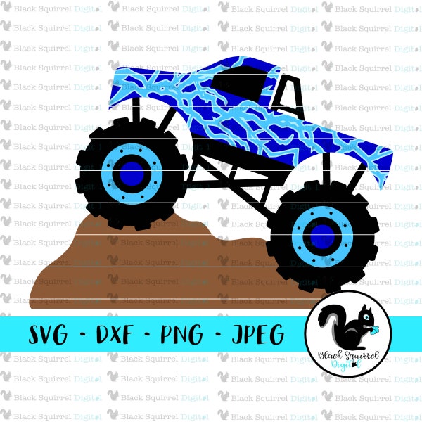 Monster Truck Party, Big Blue Truck, Motor Madness, Truck Jam, Thunder and Lightening SVG, Clipart, Print & Cut File, Stencil, dxf, png, jpg