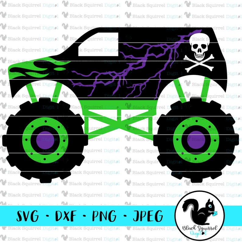 May include: Black monster truck graphic with green and purple accents. The truck features a skull and crossbones, lightning bolt design, and large tires. The image includes file format options: SVG, DXF, PNG, and JPEG.