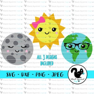 Cute Planet Bundle SVG, Sunshine, Earth Nerd, Sleepy Moon Face, Planets Birthday Clipart Print and Cut File, Descarga digital, dxf, png, jpg