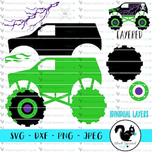 May include: A layered SVG design featuring a monster truck in black and green, with purple accents on the wheels. Includes a lightning bolt and skull graphic. Text includes "LAYERED", "INDIVIDUAL LAYERS", and file type options: SVG, DXF, PNG, and JPEG.