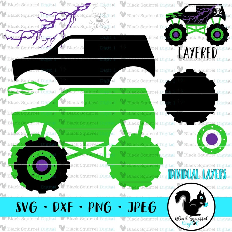 May include: A layered SVG design featuring a monster truck in black and green, with purple accents on the wheels. Includes a lightning bolt and skull graphic. Text includes "LAYERED", "INDIVIDUAL LAYERS", and file type options: SVG, DXF, PNG, and JPEG.