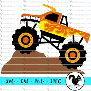 May include: Orange monster truck illustration with flame details and a toothy grin. The truck has large black tires with orange centers, and is driving over a brown mound. The image includes the text "SVG - DXF - PNG - JPEG".