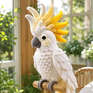 May include: A crocheted cockatoo figurine featuring white plumage, a vibrant yellow crest, and a dark gray beak. The bird is perched on a wooden T-shaped stand with a circular base, showcasing detailed yarn textures and black bead eyes.