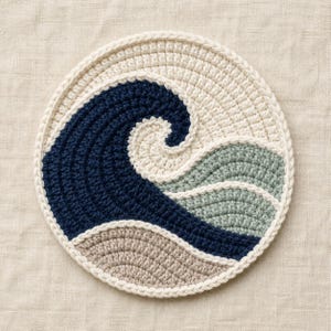 May include: A circular crochet coaster featuring a stylised ocean wave design. The pattern incorporates concentric rows of yarn in cream, dark navy blue, sage green, and light beige, finished with a thick cream-coloured braided border edge.