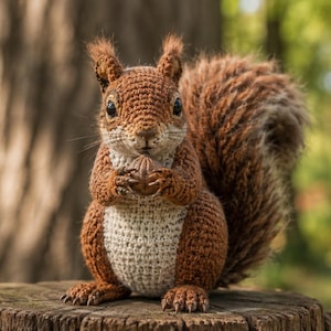 Puede incluir: Una figura de ardilla tejida a ganchillo con hilo marrón rojizo, que presenta un vientre color crema, ojos oscuros y una cola grande y tupida. La ardilla sostiene una pequeña nuez marrón texturizada entre sus patas delanteras con detalle.
