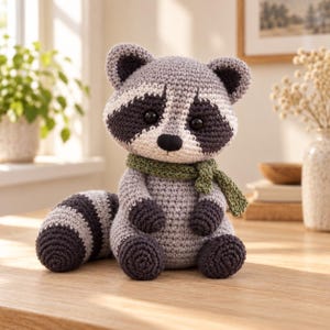 Puede incluir: Un peluche de mapache tejido a ganchillo a mano con hilo gris claro y gris carbón oscuro. El mapache tiene una cola a rayas, parches negros en los ojos, una pequeña nariz negra y lleva una bufanda texturizada verde oliva.