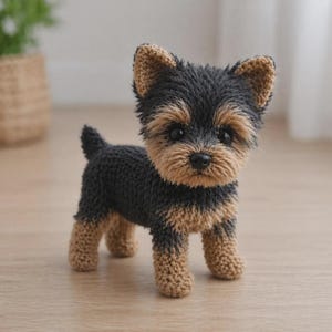 Peut inclure: Une petite figurine de chien au crochet avec un corps en fil texturé noir et feu. Le jouet en peluche présente des oreilles pointues, une courte queue et un visage détaillé avec des yeux sombres et un nez noir, réalisé en fil doux et duveteux.