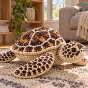 May include: A crochet sea turtle plush toy featuring a cream-colored underside and a shell patterned with dark brown, light brown, and cream-colored hexagonal shapes. The turtle has large black plastic eyes and detailed brown spots on its flippers.