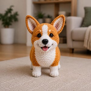Könnte beinhalten: Ein gehäkeltes Corgi-Hundespielzeug mit einem goldbraunen und weißen Garnkörper, großen spitzen Ohren, dunkelbraunen Augen, einer schwarzen Nase und einem geöffneten Maul mit einer rosa Zunge. Die Plüschfigur steht auf vier kurzen Beinen.