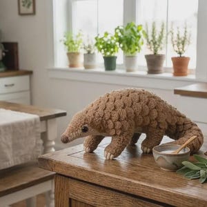 Könnte beinhalten: Ein braunes, gehäkeltes Pangolin-Stofftier mit strukturiertem, geschupptem Rücken, langer Schnauze und dunklen Augen. Das Stofftier steht auf einer Holzoberfläche neben einer kleinen Keramikschale mit einem Holzlöffel und einem Zweig grüner Kräuter.