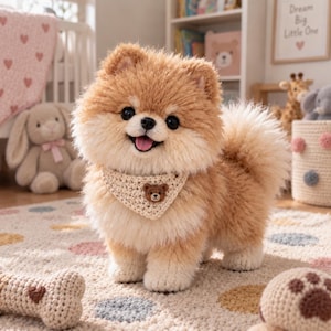 Puede incluir: Una figura de perro Pomerania esponjoso de color marrón claro y crema con expresión sonriente, lengua fuera y ojos oscuros. El perro lleva un pañuelo triangular de ganchillo beige con una pequeña aplicación de una cara de oso marrón.