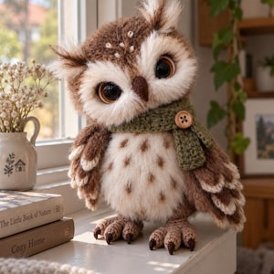 Pode incluir: Um brinquedo de pelúcia em forma de coruja feito de fio texturizado castanho e branco, com grandes olhos escuros, um pequeno bico castanho e penas nas orelhas. A coruja usa um pequeno cachecol de croché verde-azeitona com um botão de madeira.