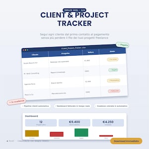 Può includere: Un modello di foglio di calcolo digitale per il monitoraggio di clienti e progetti su Excel. L'interfaccia mostra una tabella con colonne per cliente, progetto, valore e stato, insieme a una dashboard che riepiloga i dati del progetto.