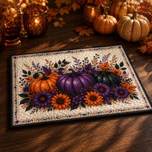 Quilted Fall Pumpkin Placemat, Rustic Patchwork Harvest Table Mat, Thanksgiving Autumn Dining Decor