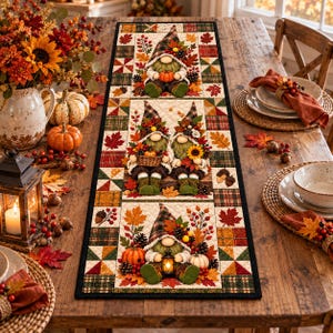 Fall Gnome Table Runner, Thanksgiving Autumn Quilted Style Runner, Pumpkin Maple Leaf Table Decor, Rustic Farmhouse Dining Decor