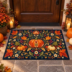 May include: A rectangular doormat featuring a dark blue background with a symmetrical autumn-themed print. The design includes three orange pumpkins, vibrant red and yellow maple leaves, small white flowers, red berries, and brown acorns.