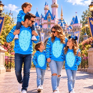 Puede incluir: Una familia de cuatro personas viste sudaderas con capucha de color azul brillante a juego, con un panel ovalado en el pecho de color azul claro con un patrón sutil y rayas horizontales azul oscuro en las mangas, combinadas con jeans de mezclilla.