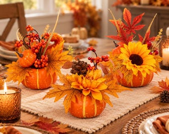 Halloween Pumpkin Floral Arrangement, Fall Table Centerpiece, Autumn Pumpkin Decor, Harvest Flower Accent, Thanksgiving Home Decoration