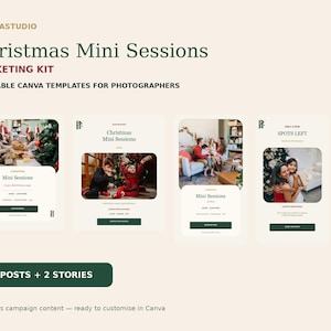 以下が含まれることがあります： クリスマスミニセッション用の編集可能なCanvaテンプレート8種類を含む、フォトグラファー向けデジタルマーケティングキット。クリーム色の背景、ダークグリーンのテキスト、ホリデー写真用のプレースホルダーを備えた6つの投稿用レイアウトと2つのストーリー用レイアウトで構成されています。