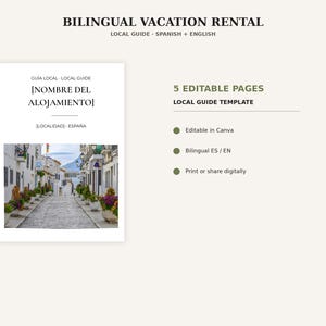 May include: A digital template for a bilingual vacation rental local guide featuring five editable pages. The cover displays the text BILINGUAL VACATION RENTAL, LOCAL GUIDE, NOMBRE DEL ALOJAMIENTO, and LOCALIDAD - ESPAÑA above a street scene photo.