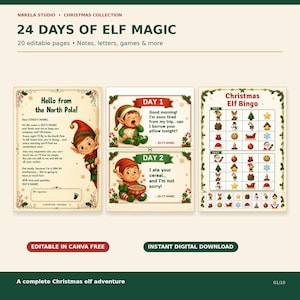 Puede incluir: Una colección digital titulada 24 Days of Elf Magic con 20 páginas editables. El conjunto incluye una carta Hello from the North Pole, tarjetas de actividades diarias marcadas como Day 1 y Day 2, y una hoja de juego Christmas Elf Bingo.